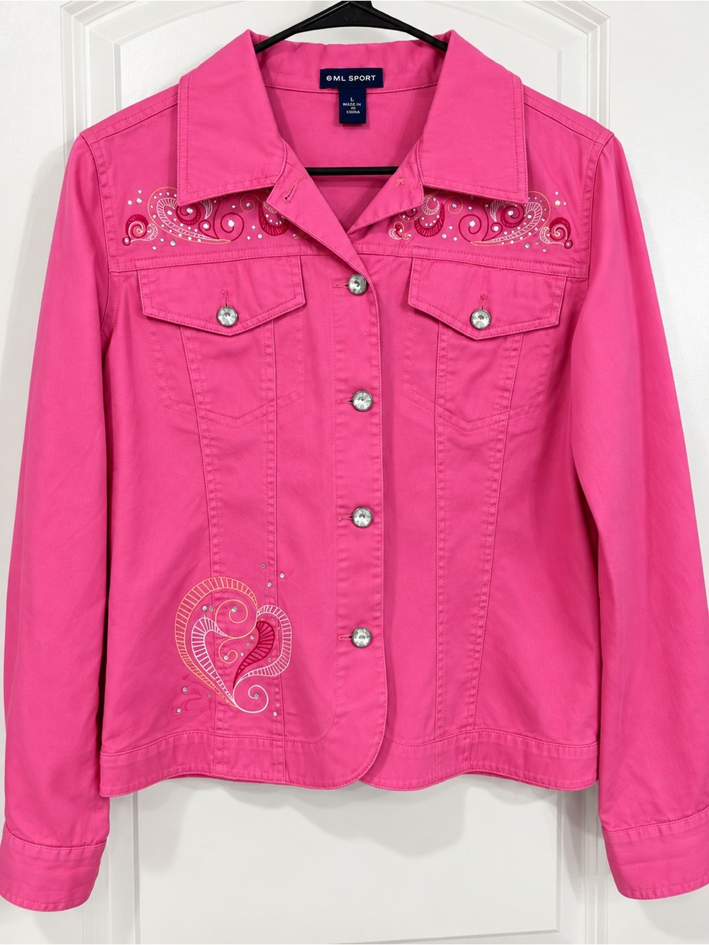 Embroidered Fuchsia Button-Front Jean Jacket - Picture 3 of 7